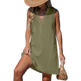 CUPSHE Swimsuit Coverup for Women V Neck Beachwear Sleeveless Beach Dress with Chest Pocket Army Green, S