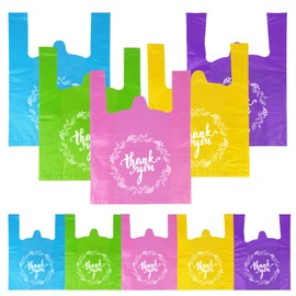 TOSPARTY 100 PCS 5 Colors Thank You T-Shirt Bags Plastic Grocery Bag Plastic Bulk Shopping Bags Restaurant Bag T-Shirt Plastic Bags in Bulk M, Pink, Green, Yellow, Purple, Cyan