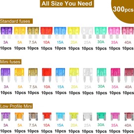 300pcs Fuses Assortment Kit Plug-in Blade  with 2 Circuit Testers Storage Box for Car Truck SUV RV Marine Boat 3A 5A 7.5A 10A 15A 20A 25A 30A 35A 40A