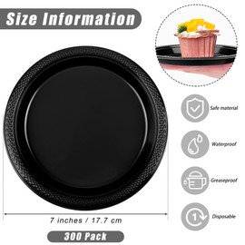 Breroa 300 Pack Black Disposable Plastic Plates with Sticker 7 Inch Heavy Duty Round Plates Food Grade Solid Color Dinner Party Plates for Party Supplies, Dinner, Picnic