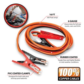 Performance Tool W1668 6GA 16 ft. Battery Jumper Cables - Rubber-Coated Copper Cables, Color-Coded Alligator Jaws, Heavy Duty