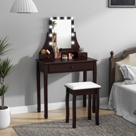 CHARMAID Makeup Vanity Desk with Lighted Mirror, 3 Color Lighting Modes, Adjustable Brightness, 3 Drawers, Removable Dividers, Bedroom Dressing Table Vanity Set with Stool for Girls Gift (Espresso)