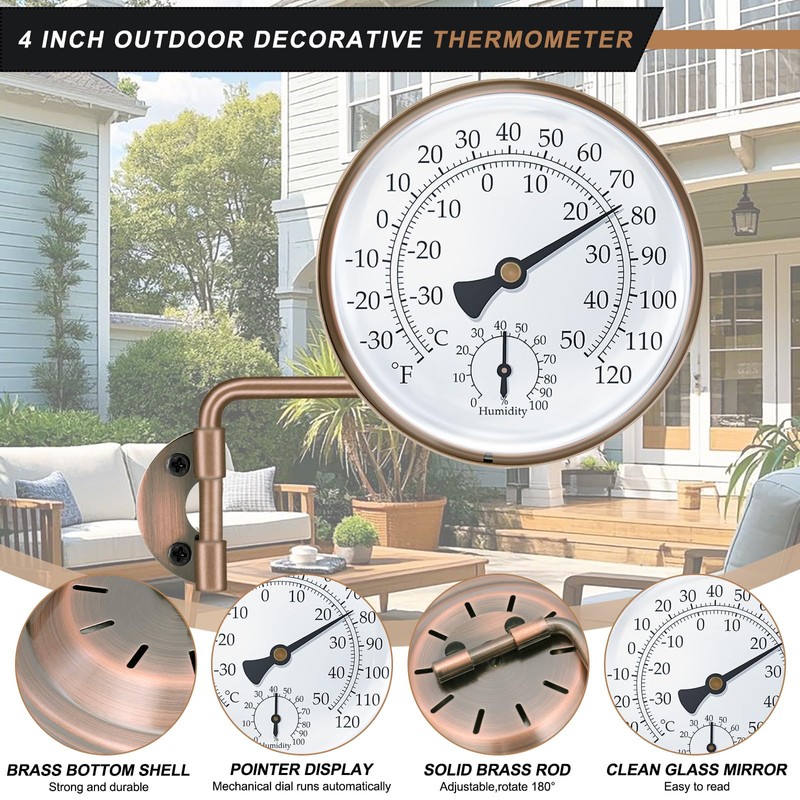 4 Inch Brass Outdoor Thermometer, Outside Decorative Thermometer for Patio,