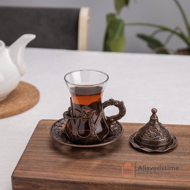 Alisveristime (Set of 6 Handmade Turkish Tea Water Zamzam Serving Set Glasses Saucer and Spoon (Copper)