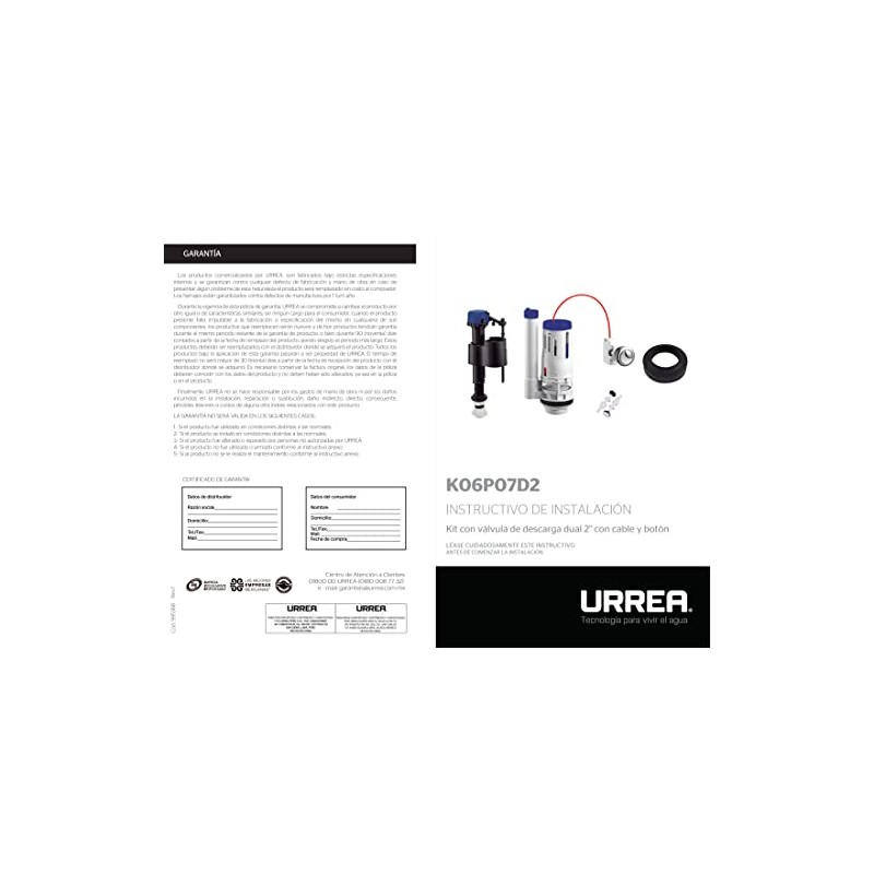 Urrea K06P07D2 Válvula para Tanque de WC de Descarga Dual