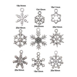 GraceAngie 100pcs Mixed Snowflake Pendants Tibetan Silver Various Christmas Snowflake Charm Beads for Xmas Jewelry Making and Crafting