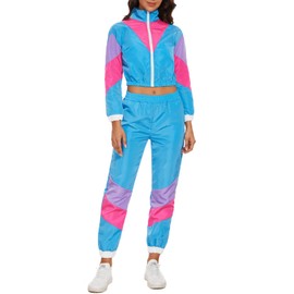 Women Retro 80s 90s 2 Piece Outfits Theme Party Track Suit Zipper Windbreaker Neon Joggers Set Vintage Costume (Blue, XX-Large)