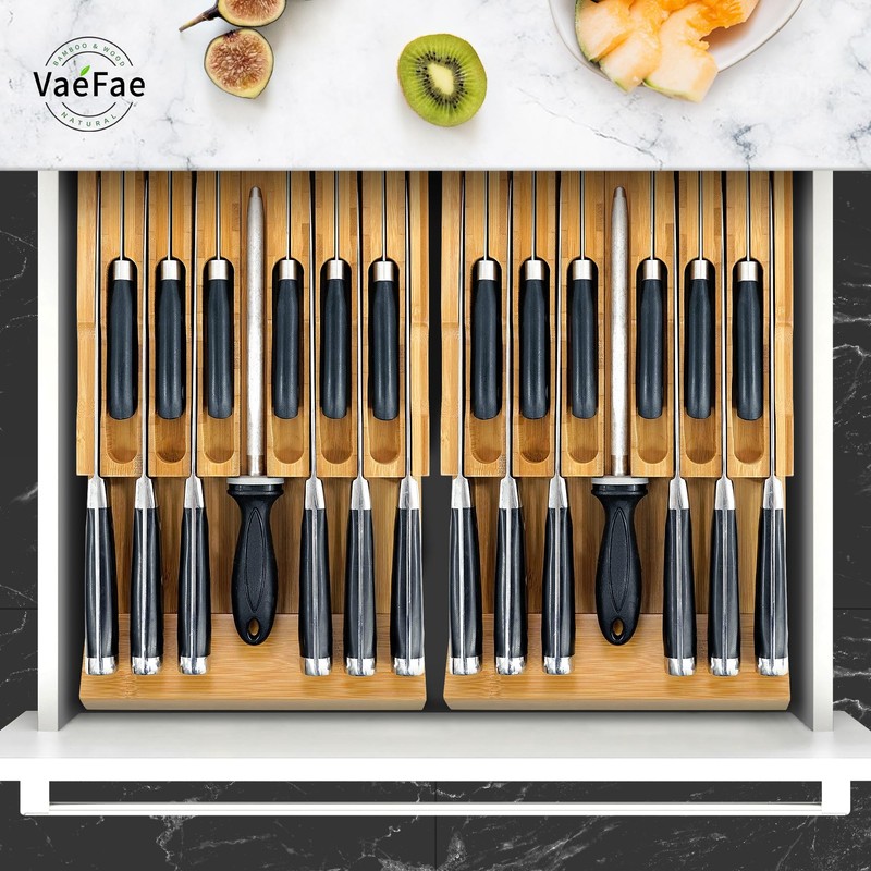 VaeFae Bamboo Knife Drawer Organizer, Knife Drawer Organizer Insert, Kitchen