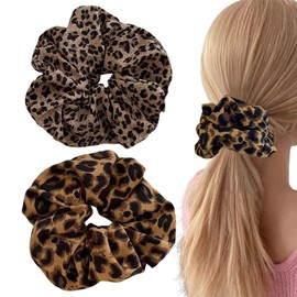 Pack of 2 scrunchies, hair bands, black and leopard, hair bands for girls and women, silk scrunchie, silk hair scrunchie