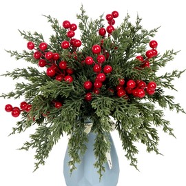 40 Pcs Artificial Pine Branches with Red Berry Picks 11" Winter Christmas Greenery Fake Juniper Leaves Norfolk Pine Stems Needles for DIY Craft Wreath Garland Vase Filler Home Decoration (40, Green)