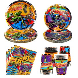 Dirt Bike Party Supplies Serves 20 , Includes Plates, Cups, Napkins, for Kids Boys Girls Motorcycle Extreme Sports Birthday Decorations (Serve 20)