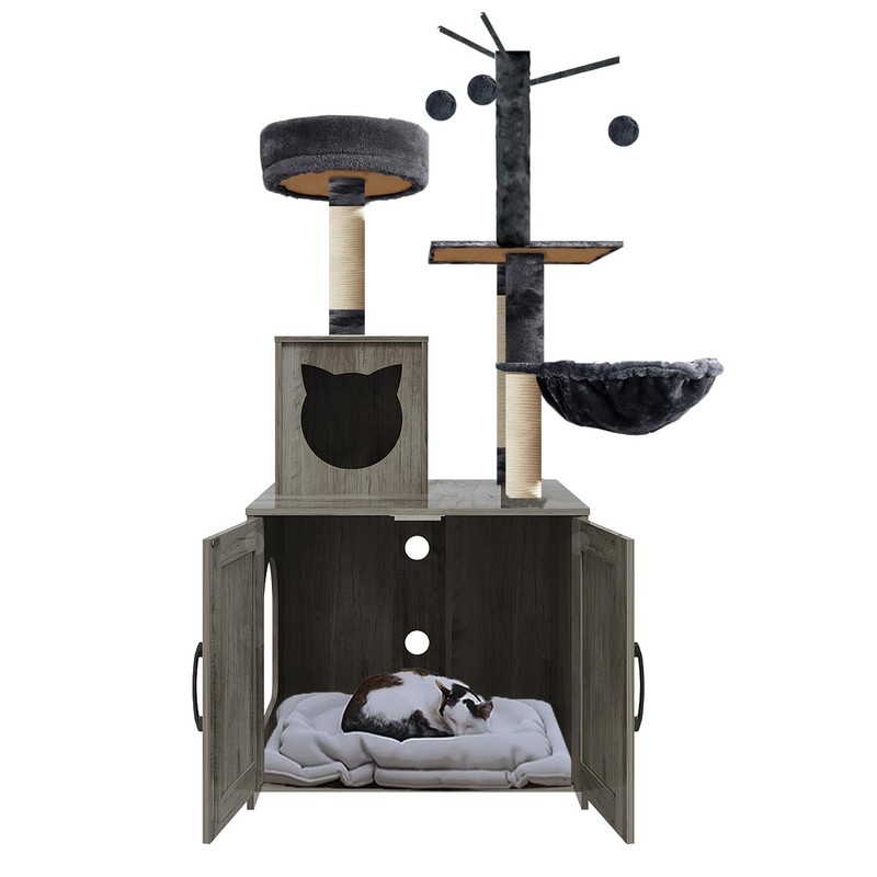 Cat Tree with Litter Box, Wood Litter Box Enclosure with
