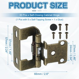 PATIKIL Self-Closing Cabinet Hinges Semi-Overlay 1/2 Inch, 30 Pcs Semi Concealed Flush Face Mount Cabinet Hinge with Screws for Kitchen Bathroom Furniture Cabinet Door, Bronze Tone