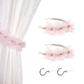 SUQ I OME Boho Curtain Tiebacks Set of 2, Handmade Flower Curtain Holdbacks, Farmhouse Curtain Holdbacks, Curtain Holder Tiebacks, Curtain Ties Backs with Hook (Pink)