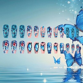 Blue Butterfly Press on Nails Medium Coffin Fake Nails with Flower Leaves Design Summer Acrylic False Nails Glossy Gel Glue on Nails Reusable Full Cover Stick on Nails for Women 24Pcs