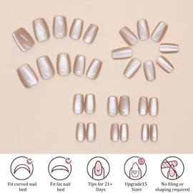 Cat Eye Press On Nails - 30Pcs Short Square False Nails - Crystal Nude Colour Fake Nails With Glue - High Glossy Full Cover Acrylic Stick On Nails For Women Girls