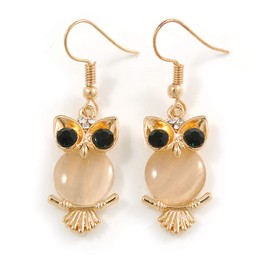 Crystal Owl Drop Earrings/Gold Tone/ 45mm Long