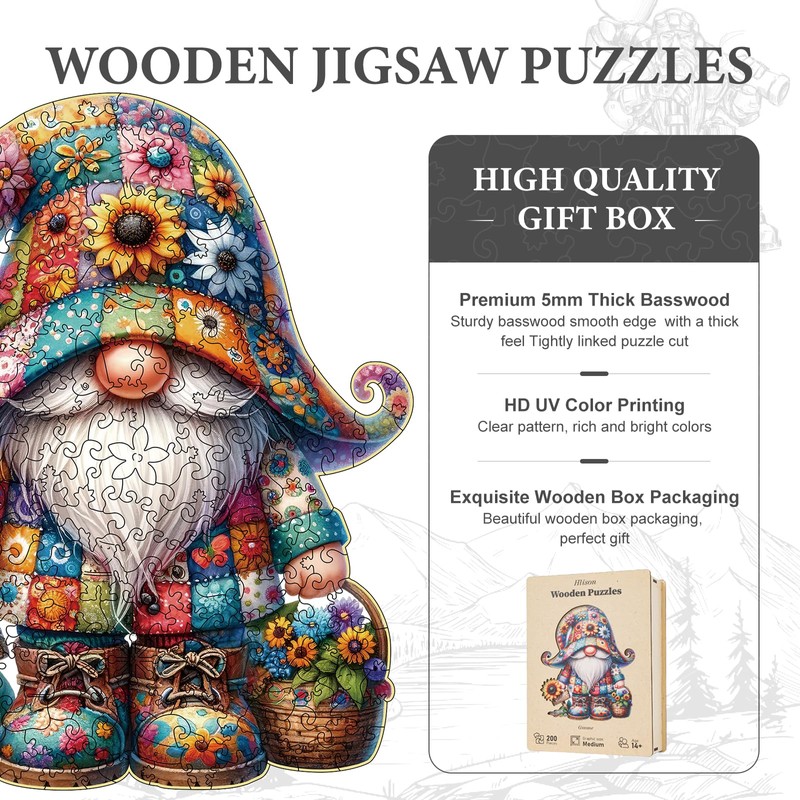 Wooden Jigsaw Puzzles, 300 Pieces Gnome Wooden Puzzles for Adults