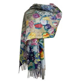 GFM® Wool Blend Cashmere Texture Painting Art Based Print Shawl Scarf for Autumn Winter (Klimt Portrait of Maria Munk)(PWSHL-FS-7937-A)