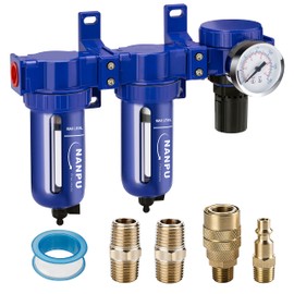 NANPU Zinc Alloy Air Drying System - Double 5 Micron Particulate Filters＆Air Pressure Regulator Combo, 0-150 psi Gauge, Quick Release Bowl, Manual Drain, Metal Bracket（3/8" NPT）