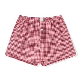 Women Y2k Pajamas Shorts Micro Button Boxers Elastic Waist Cute Pj Bottoms Summer Plaid Lounge Short (A Red, XL)