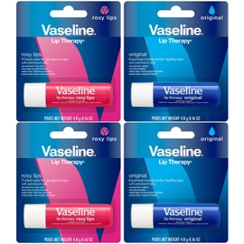 Vaseline Paquete de 4 variedades de terapia de labios, bálsamo labial hidratante original + labios rosados con vitamina E, 0.16 onzas Ea