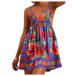 SOLY HUX Women's Summer Floral Print Mini Dress V Neck Spaghetti Strap A Line Flowy Boho Vacation Dresses Sundress Blue Floral Small