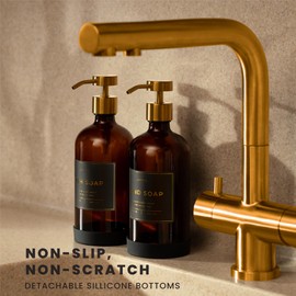 Verute 16oz Glass Soap Dispenser with Stainless Steel Pump, 21 Waterproof Labels, Non-slip Protective Silicone Pad, Set of 2 for Bathroom & Kitchen (Amber Bottle/Brushed Gold Pump)