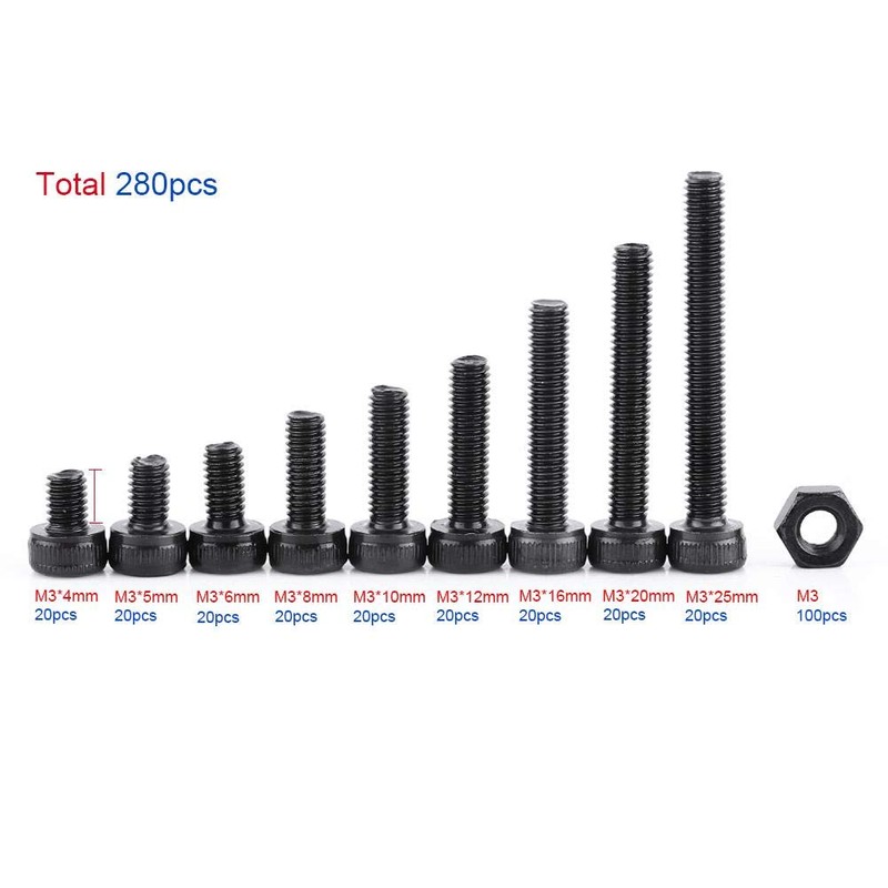 280Pcs M3 Machine Screw with Box, Black Color Grade 12.9