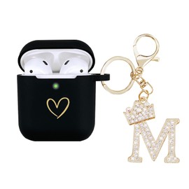 AIIEKZ Compatible with AirPods Case Cover, Soft Silicone Case with Gold Heart Pattern for AirPods 2&1 Generation Case with Rhinestone Studded Letter A-Z Keychain (M Black)