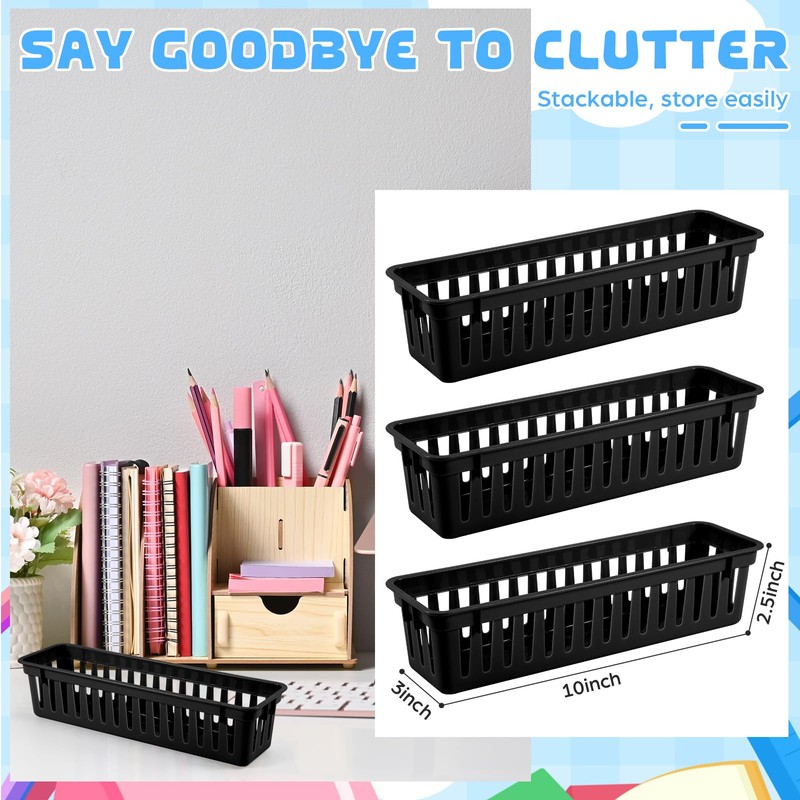 wlilupah 6 Pcs Black Slim Plastic Storage Baskets Tray 10