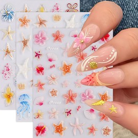 3PCS Ocean Life 5D Embossed Starfish Nails Stickers Seashell Nail Art Sticker Summer Nail Decals Sea Theme Starfish Jellyfish Nails Design Hibiscus Flowers Nail Supplies for Women DIY Manicure Decor