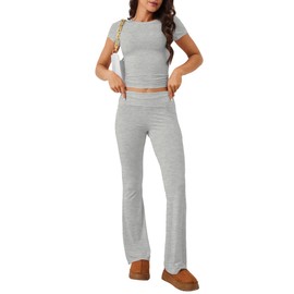M_Eshop 2 Piece Set Women Outfit Lounge Sets Skims Short Sleeve Top And Flare Leggings Fold Over Yoga Pants Pajamas Set (CA/US, Alpha, Medium, Regular, Regular, Light Gray)