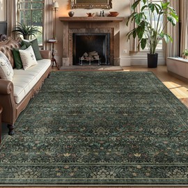 5x7 Floral Washable Area Rug for Living Room, Vintage Boho Large Rug for Bedroom Dining Room， Distressed Botanical Birds Non Slip Low Pile Forest Animal Throw Carpet for Farmhouse Office, Dark Green