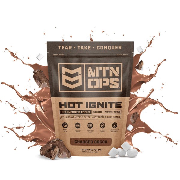MTN OPS Hot Ignite Supercharged Energy Drink Mix Focus Enhancer, Charged Cocoa, Bag (30 Servings)