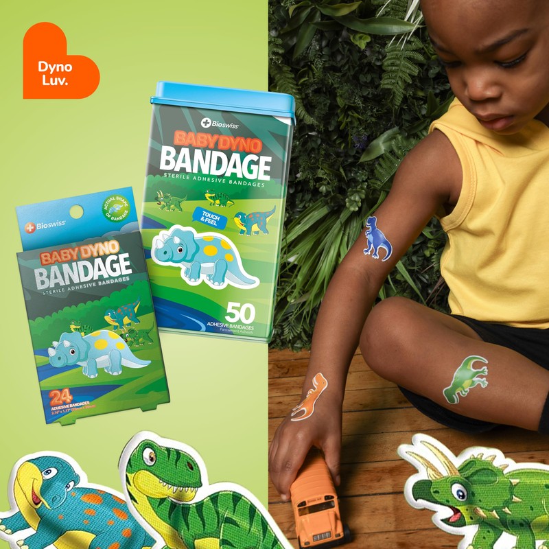 BioSwiss Bandages, Baby Dino Shaped Self Adhesive Bandage Set, Latex