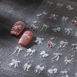 5D Embossed Bow Nail Stickers White Ribbon Bow Knot Nail Decals with Colorful Star Rhinestone Self Adhesive Cute Bow Nail Sticker for Nail Art Kawaii Nail Supplies Charms for Women Girls Manicure