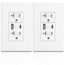 OMEENET USB Wall Outlet with 20W Fast Charging, Type-C & Type-A Dual Ports USB Outlets, Tamper-Resistant USB Receptacle, Screwless Wall Plate, 20A ETL White (2-Pack)