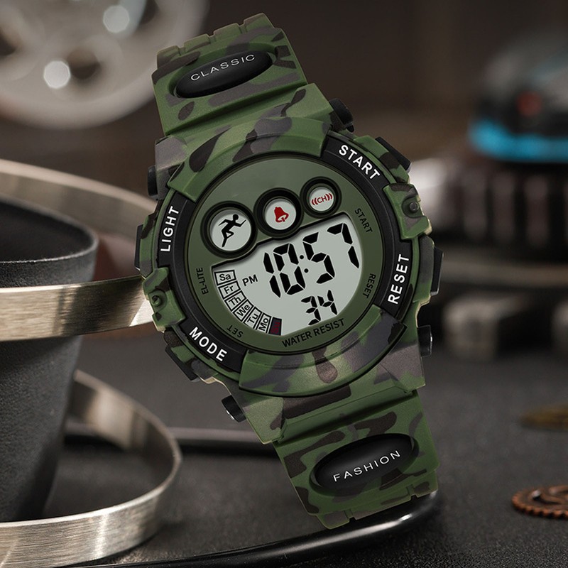 Camouflage Green Kids Watch 7 Colors LED 50M Waterproof Digital