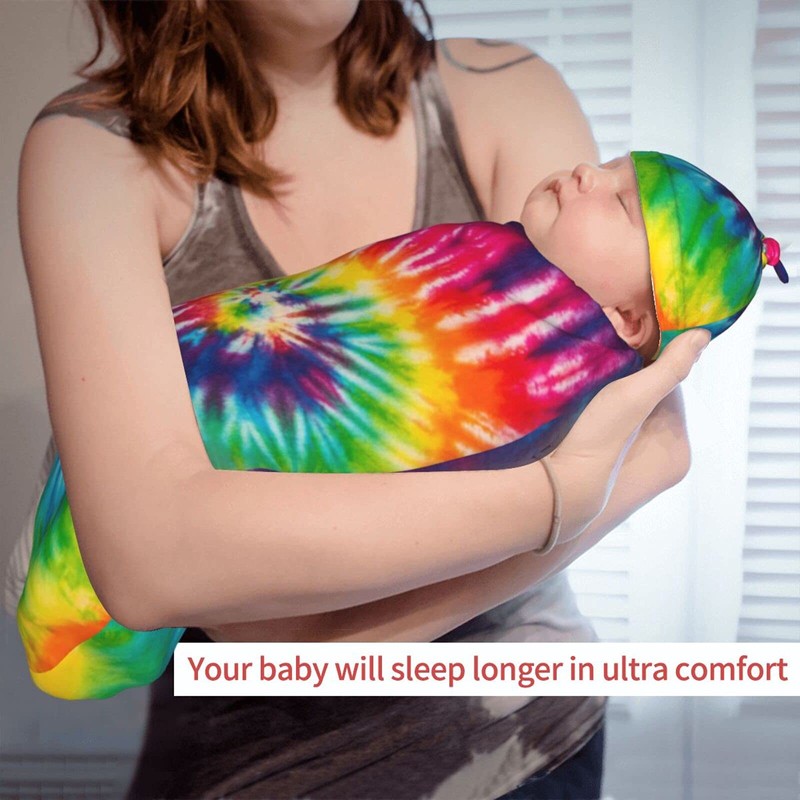 Tie Dye Colorful Rainbow Newborn Swaddle Blankets Beanie Hat Sets