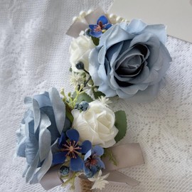 WYcYcW 2PCS Rose Flower Wrist Corsage Boutonniere Set Handmade Artificial Corsage Set Bride Hand Flower Men Boutonniere for Wedding Party Prom Decorations (Blue)