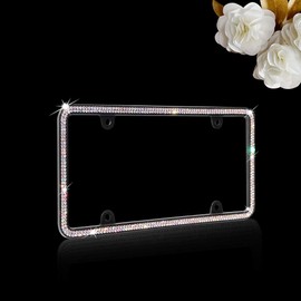JR2 500 Super Bling Glass Crystals Black Metal License Plate Frame+Free Caps (Neon)