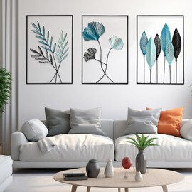 MeYuxg Pack of 3 Wall Decoration Metal Living Room 30 x 43 cm Metal Pictures Wall Decoration Leaf Wall Picture with Frame Modern Home Metal for Bedroom, Kitchen, Office