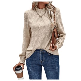 WDIRARA Women's Lace Eyelet Blouse Frill Mock Neck Vintage Top Lantern Long Sleeve Elegant Tops Apricot Medium