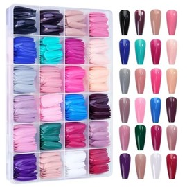 576pcs Colorful Medium/Long Coffin Press On Nails Glossy Acrylic Ballerina Fake Nails Full Cover Artificial False Fingernail Acrylic Tips Manicure Design Decor for Women Girls 24 Colors