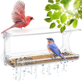 UPP Bird House Window - Large Bird Feeder with 4 Extra Strong Suction Cups, Roof, Drainage Holes and 3-Piece Removable Tray | Polycarbonate Plastic - Transparent 30 x 10 x 14 cm