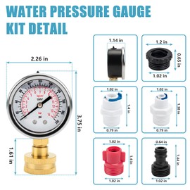 Universal Water Pressure Glycerin Filled Gauge Kit 0-200 Psi for All Purpose Water Pressure Measurement, 3/4" Female Garden Hose Thread Water Dial Gauge with Extra 5 Adapters for Multiple Use