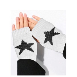 Verdusa Gril's Y2K Printed Knitted Fingerless Glove Short Gloves with Thumb Hole White One-Size