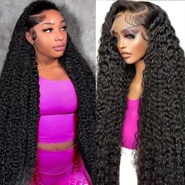 Momaksa 30 Inch Deep Wave Lace Front Wigs Human Hair 13X4 HD Lace Front Wigs Human Hair 200 Density Pre Plucked Glueless Deep Curly Human Hair Wigs For Women With Baby Hair Natural Black