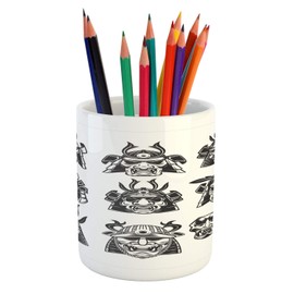 Lunarable Party Pencil Pen Holder, Japanese Ancient Cultural Eastern Samurai Warrior Fighters Items Helmets, Ceramic Pencil Holder for Desk Office Accessory, 3.6" X 3.2", White and Charcoal Grey